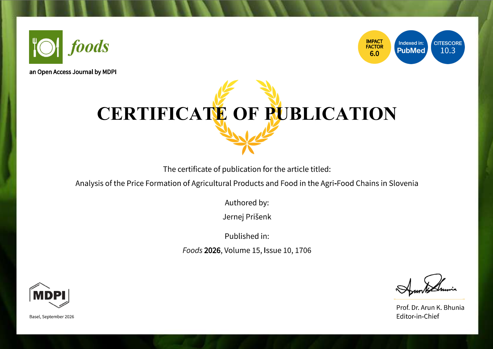 Read more about the article Objava znanstvenega članka prof. dr. Jerneja Prišenka v reviji Foods (Q1)
